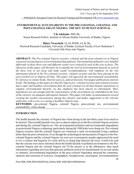 Environmental Sustainability in the Pre-Colonial, Colonial and Post-Colonial Era in Nigeria: the Key to Human Survival