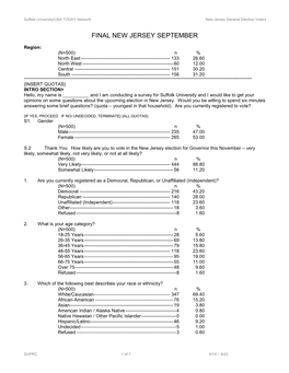 Suffolk University/USA TODAY Network New Jersey General Election Voters