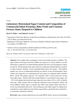 Laboratory Determined Sugar Content and Composition of Commercial Infant Formulas, Baby Foods and Common Grocery Items Targeted to Children