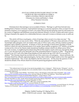 AN EVALUATION of POLYGAMY POLICY in the CHURCH of the NAZARENE in AFRICA: AFRICA CENTRAL FIELD CASE STUDY Chinyama Joe Lilema and Rodney L