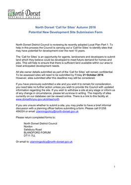 North Dorset 'Call for Sites' Autumn 2016 Potential New Development