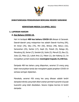 (14 APRIL 2021) 1. LAPORAN HARIAN A. Kes Baharu COVID-19