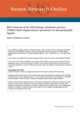 BRCT Domains of the DNA Damage Checkpoint Proteins TOPBP1/Rad4 Display Distinct Specificities for Phosphopeptide Ligands