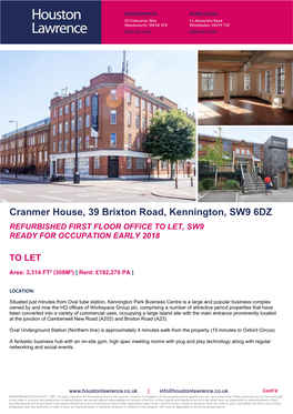 Cranmer House, 39 Brixton Road, Kennington, SW9 6DZ REFURBISHED FIRST FLOOR OFFICE to LET, SW9 READY for OCCUPATION EARLY 2018