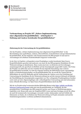 Vorbemerkung Zu Projekt 197 „Sichere Implementierung Einer Allgemeinen Kryptobibliothek – Arbeitspaket 1: Sichtung Und Analyse Bestehender Kryptobibliotheken“