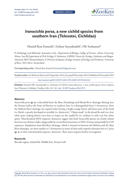 Iranocichla Persa, a New Cichlid Species from Southern Iran (Teleostei, Cichlidae)