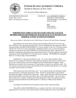 Former New York State Senator and City Council Member Hiram Monserrate Pleads Guilty in Manhattan Federal Court to Fraud Charges