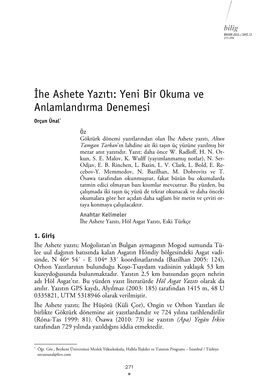 İhe Ashete Yazıtı: Yeni Bir Okuma Ve Anlamlandırma Denemesi