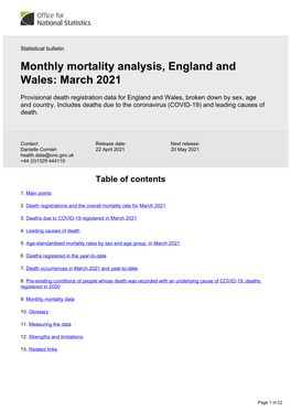 Monthly Mortality Analysis, England and Wales: March 2021