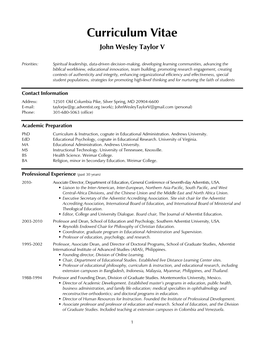 Curriculum Vitae John Wesley Taylor V