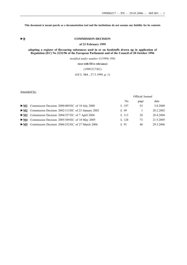 B COMMISSION DECISION of 23 February 1999 Adopting a Register of Flavouring Substances Used in Or on Foodstuffs Drawn up in A