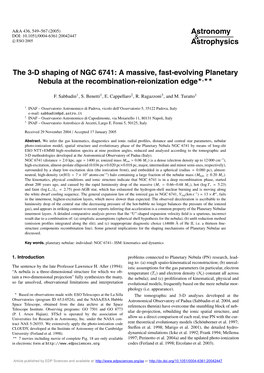 The 3-D Shaping of NGC 6741: a Massive, Fast-Evolving Planetary Nebula at the Recombination-Reionization Edge�,