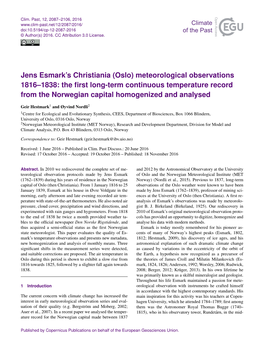 Oslo) Meteorological Observations 1816–1838: the ﬁrst Long-Term Continuous Temperature Record from the Norwegian Capital Homogenized and Analysed