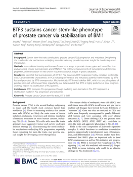 BTF3 Sustains Cancer Stem-Like Phenotype of Prostate Cancer Via