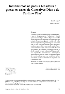 Indianismos Na Poesia Brasileira E Goesa: Os Casos De Gonçalves Dias E De Paulino Dias*