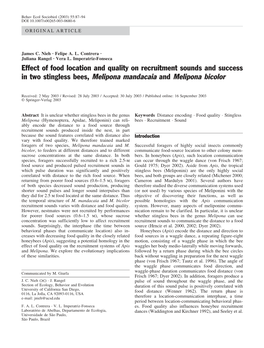 Effect of Food Location and Quality on Recruitment Sounds and Success in Two Stingless Bees, Melipona Mandacaia and Melipona Bicolor