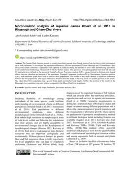 Morphometric Analysis of Squalius Namak Khaefi Et Al. 2016 in Khaznagh and Ghare-Chai Rivers
