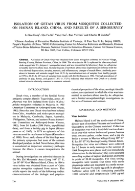 Isolation of Getah Virus from Mosquitos Collected on Hainan Island, China, and Results of a Serosurvey