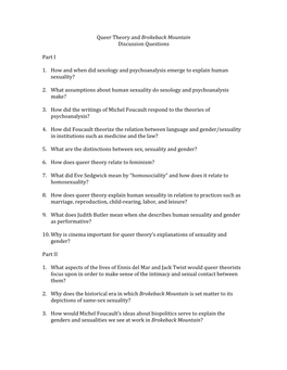 Queer Theory and Brokeback Mountain Discussion Questions Part I 1. How and When Did Sexology and Psychoanalysis Emerge to Explai