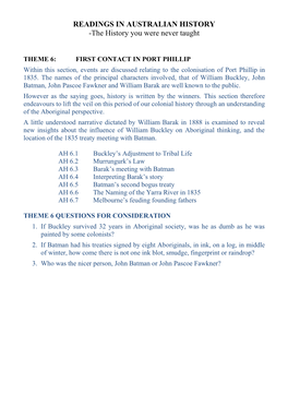 FIRST CONTACT in PORT PHILLIP Within This Section, Events Are Discussed Relating to the Colonisation of Port Phillip in 1835
