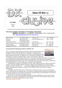 Next Issue Stopdate and Address for Loggings and Gossips: 10.2.2009 Nro 3