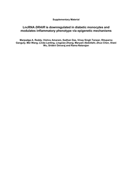 Lncrna DRAIR Is Downregulated in Diabetic Monocytes and Modulates Inflammatory Phenotype Via Epigenetic Mechanisms