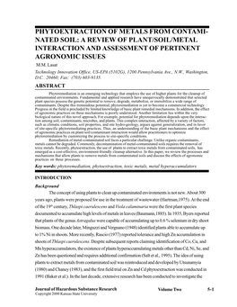 Phytoextraction of Metals from Contami- Nated Soil: a Review of Plant/Soil/Metal Interaction and Assessment of Pertinent Agronomic Issues M.M