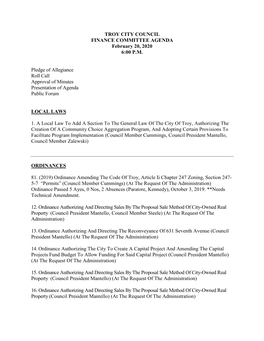 TROY CITY COUNCIL FINANCE COMMITTEE AGENDA February 20, 2020 6:00 P.M