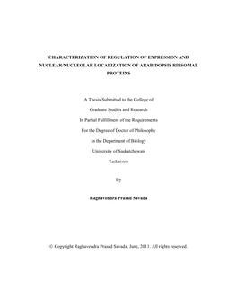 CHARACTERIZATION of REGULATION of EXPRESSION and NUCLEAR/NUCLEOLAR LOCALIZATION of ARABIDOPSIS RIBSOMAL PROTEINS a Thesis Submit