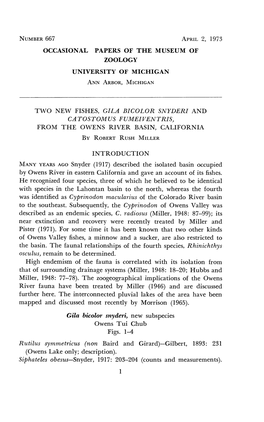Number667 April2, 1973 Occasional Papeks of the Museum of Zoology University of Michigan Ann Arbor,Michigan