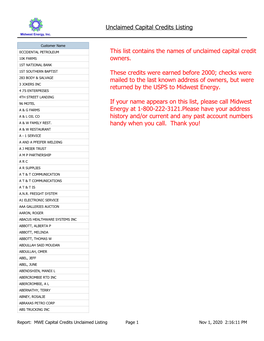 Unclaimed Capital Credits Listing