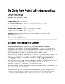 Lafitte Greenway Plaza a Design-Build Challenge REQUEST for QUALIFICATIONS
