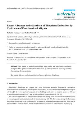 Recent Advances in the Synthesis of Thiophene Derivatives by Cyclization of Functionalized Alkynes