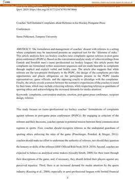 Coaches' Self-Initiated Complaints About Referees in Ice Hockey Postgame Press Conferences Samu Pehkonen, Tampere University A