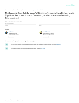 Northernmost Record of the Merck's Rhinoceros Stephanorhinus Kirchbergensis (Jäger) and Taxonomic Status of Coelodonta Jacuti
