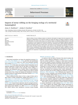 Impacts of Nectar Robbing on the Foraging Ecology of a Territorial T Hummingbird ⁎ Jenny A