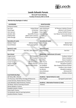 Leeds Schools Forum Microsoft Teams Meeting Tuesday 19 January 2021 at 16:30