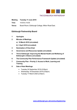 11 June 2019 Time 14.00 to 16.00 Venue Board Room, Edinburgh College, Milton Road East
