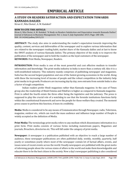 EMPIRICAL ARTICLE a STUDY on READERS SATISFACTION and EXPECTATION TOWARDS KANNADA DAILIES Kiran G1, Nila Chotai2, A