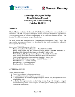 Ambridge-Aliquippa Bridge Rehabilitation Project Summary of Public Meeting October 14, 2010