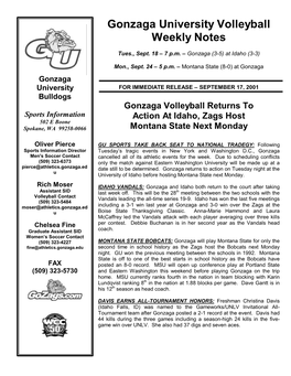 Gonzaga University Volleyball Weekly Notes