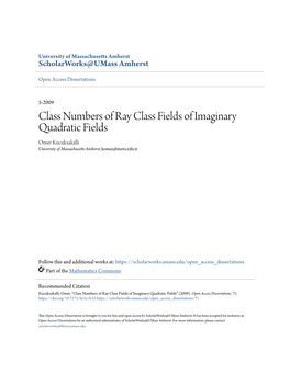 Class Numbers of Ray Class Fields of Imaginary Quadratic Fields Omer Kucuksakalli University of Massachusetts Amherst, Komer@Metu.Edu.Tr