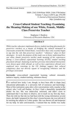 Cross-Cultural Student Teaching: Examining the Meaning-Making of One White, Female, Middle- Class Preservice Teacher