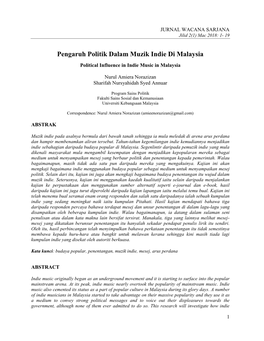 Pengaruh Politik Dalam Muzik Indie Di Malaysia Political Influence in Indie Music in Malaysia