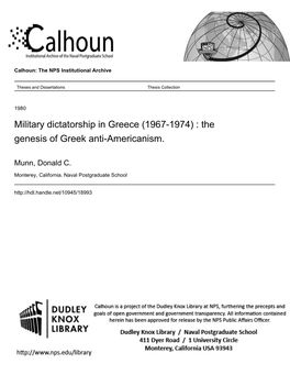 Military Dictatorship in Greece (1967-1974) : the Genesis of Greek Anti-Americanism