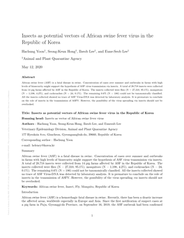 Insects As Potential Vectors of African Swine Fever Virus in the Republic of Korea