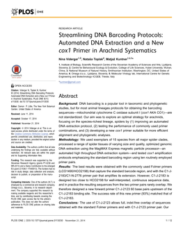 Automated DNA Extraction and a New Cox1 Primer in Arachnid Systematics