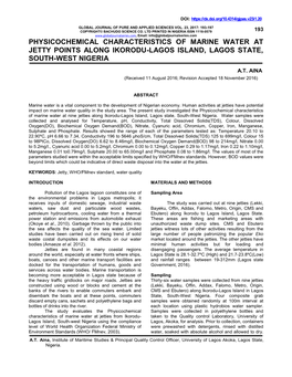 Physicochemical Characteristics of Marine Water at Jetty Points Along Ikorodu-Lagos Island, Lagos State, South-West Nigeria