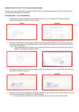 PRESENTATION of POST to the COLLEGE MAILROOMS to Ensure