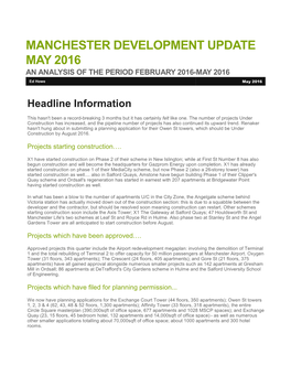 Manchester Development Update May 2016 an Analysis of the Period February 2016-May 2016